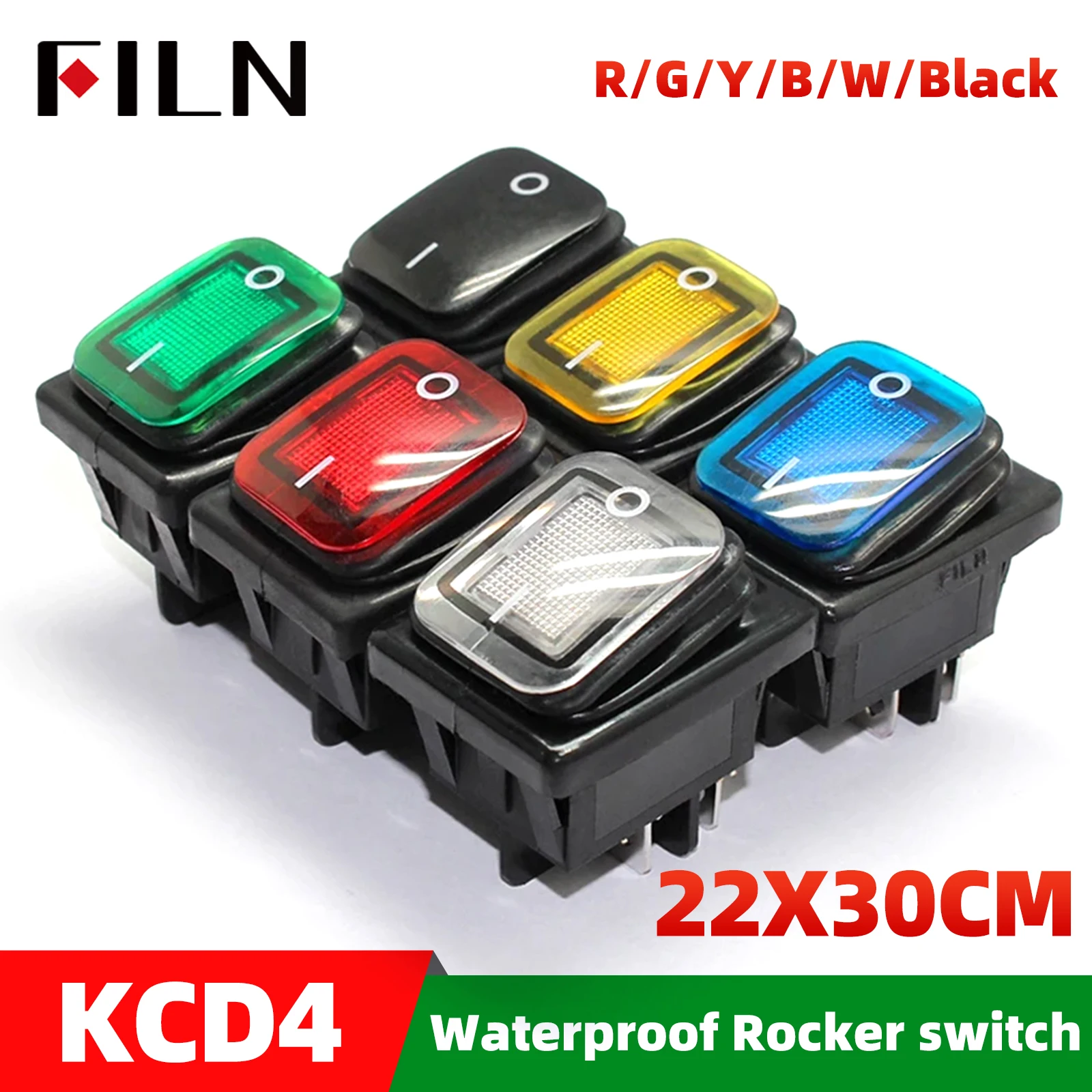 FILN KCD4 Heavy Duty Four Foot Waterproof on Off Sliver Contact Point Copper Pin Green Red Led Lamp 220v 30A Rocker Switch