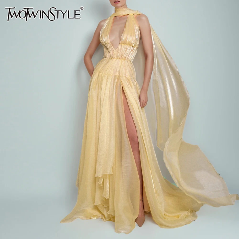 

TWOTWINSTYLE Slimming Spliced Folds Sexy Dresses for Women Halter Neck Sleeveless High Split Irregular Dress Female Fashion New