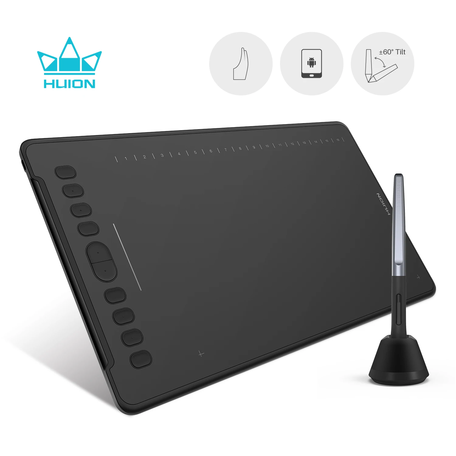 HUION H1161 Graphics Tablets Touch Strip 8192 Pen Pressure Drawing Tablet 10 Shortcut Keys Compatible with Android Windows Mac