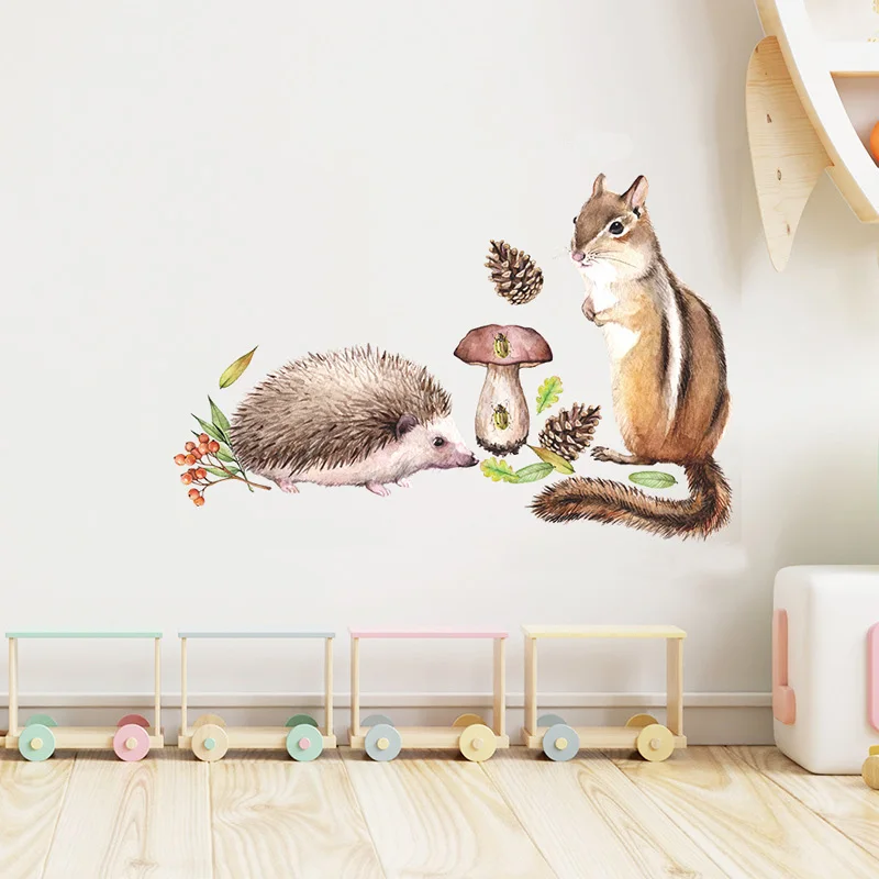 Cartoon Squirrel Hedgehog Wall Sticker For Kids Room Bedroom Decoration Mural Wallpaper Home Decor Nursery Cute Animals Stickers