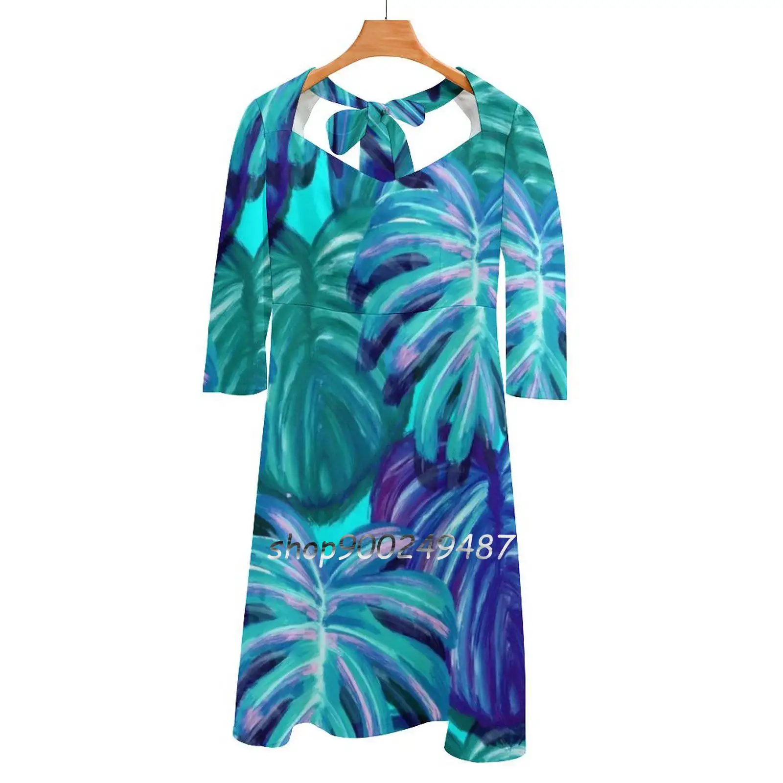 Palm Springs Neon Party Pattern Sweet Elegant Dress Women Korean Kawaii Square Collar Dress Tropical Palm Monstera Leaves Neon