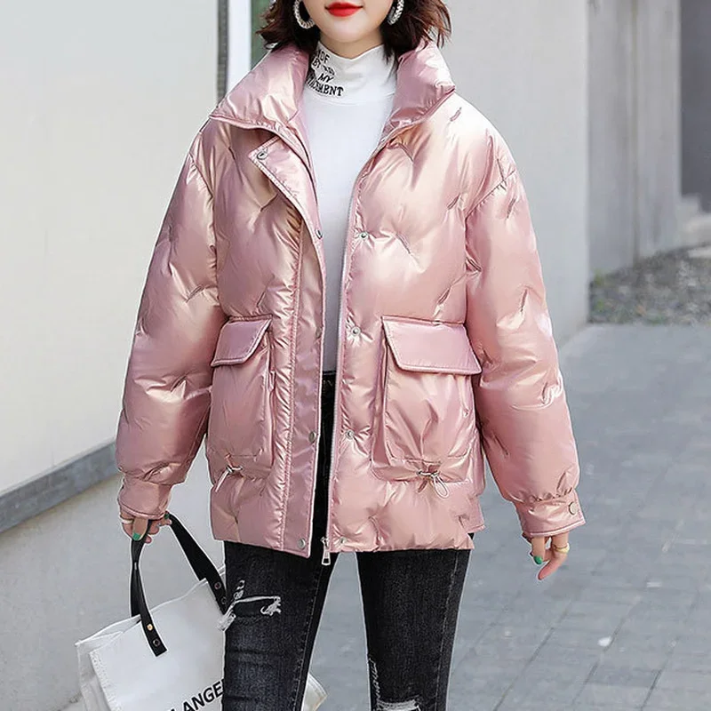 여성용 캐주얼 루즈 코트, 단색 스탠드 칼라, 광택 한국 패션, 두꺼운 재킷, 2024 겨울