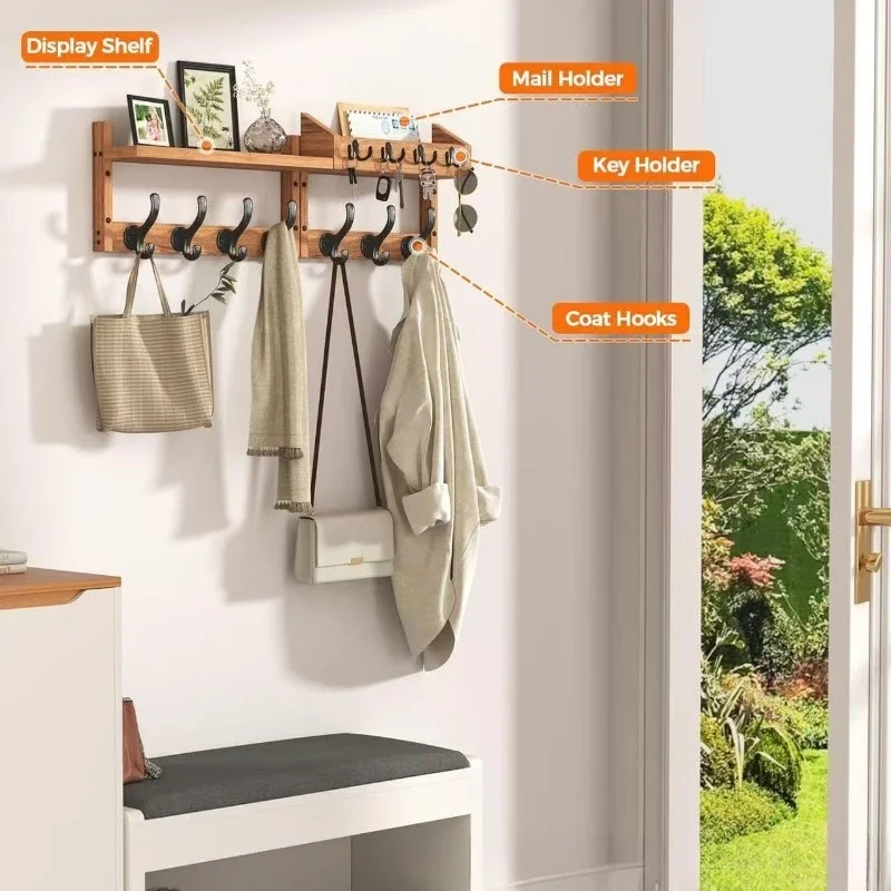 Wooden Coat Rack Wall Mounted Hanger Entrance Handbag Hat Clothes Scarf Organizer Wall Hooks With Storage Shelf Home Decor