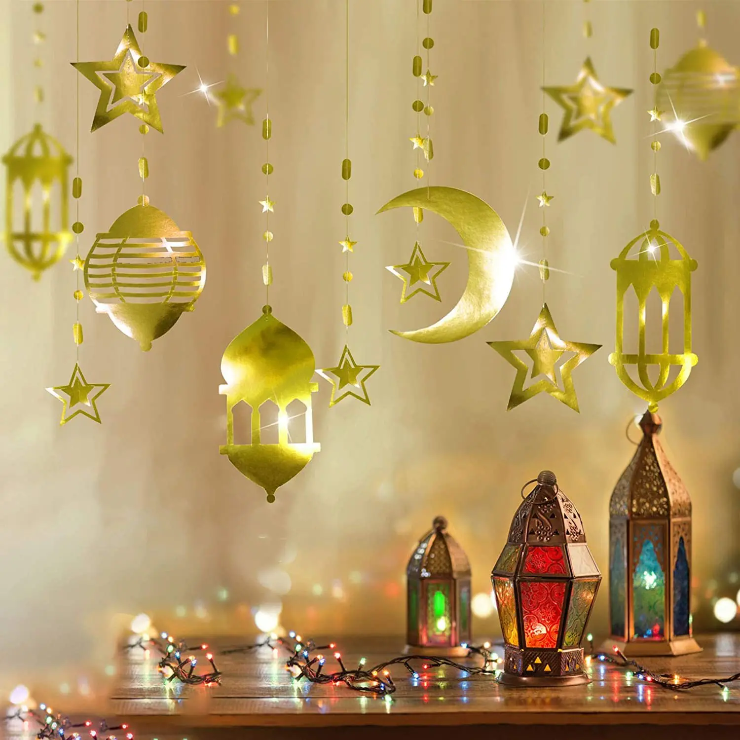 16 Iridescent Star Moon Lantern Garland Holographic EID Decoration Home, Happy Ramadan Decor for Lesser Bairam Islam Wedding