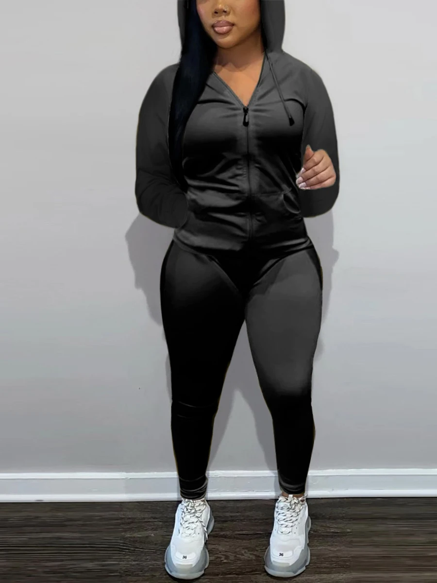 

LW Autumn Two Piece Women Hooded Collar Kangaroo Pocket Tracksuit Set Pleated Hoodie Jacket +Leggings Workout Matching Suits