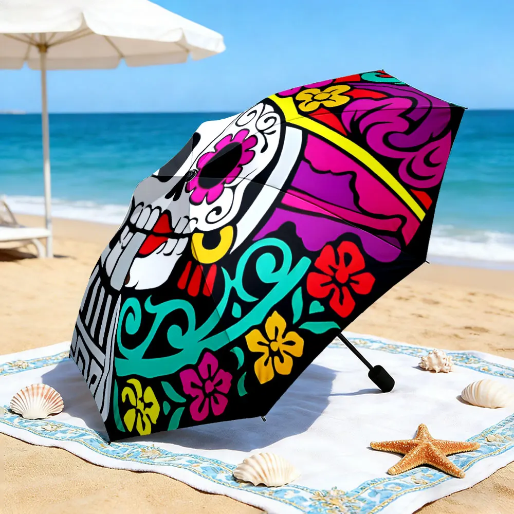 1PC Colorful Skull Design Umbrella by the Lake Print 8 Iron Ribs Folding Umbrella Auto-Open Fashion Sunshade