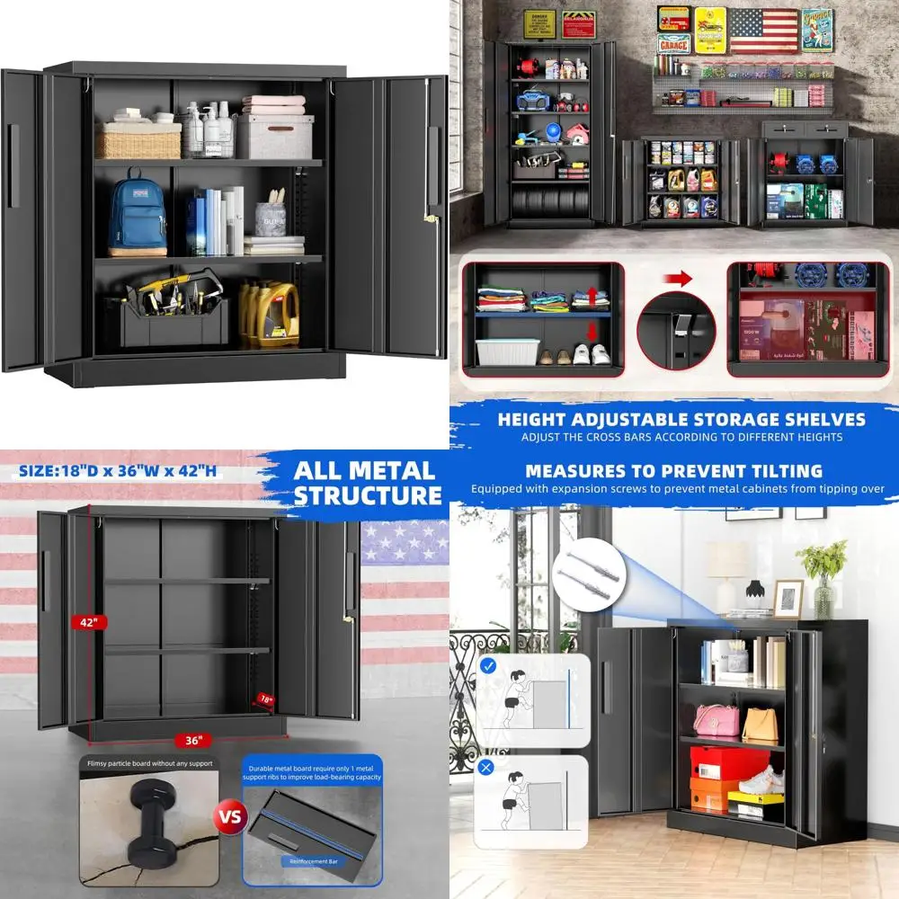 

36x32x16 inch secure steel storage cabinet with dual doors and two shelves