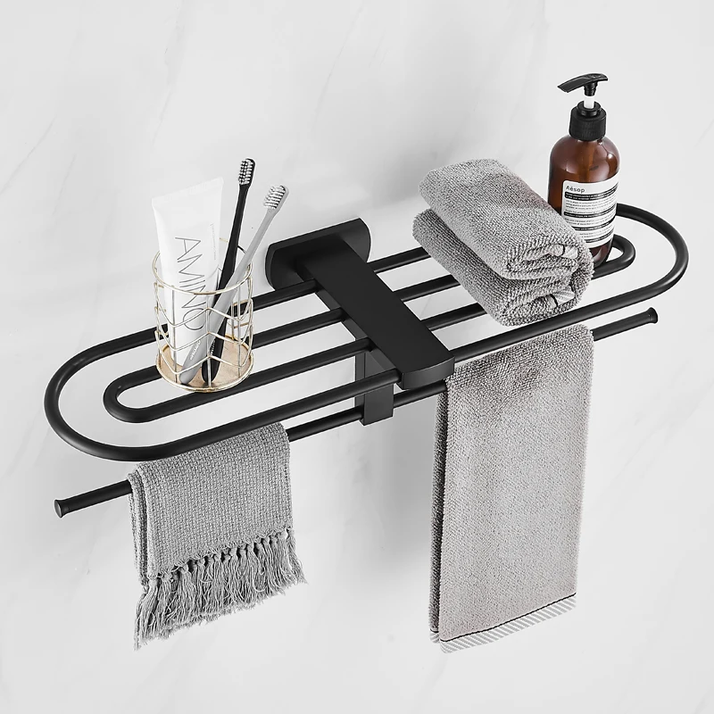 No-Drill Bathroom Towel Holder Space Saving Corner Shelf Expandable Shower Organizer Rack Matte Black Bath Accessories