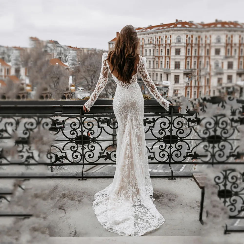 Sexy Backless Long Mermaid Wedding Dresses Vestido Sexy Sweep Train Bridal Dress Long Sleeves with Lace Applique Bride Robe