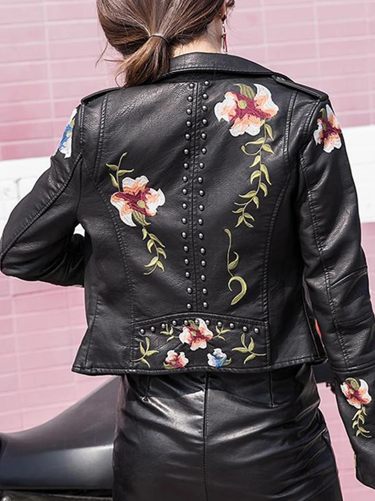 Ailegogo Women Vintage Floral Print Embroidery Pu Faux Leather Jacket Spring Autumn Female Zipper Punk Moto Biker Coat Outwear