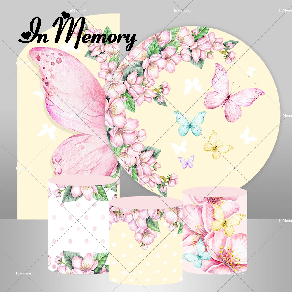 Fairy ดอกไม้สีชมพูธีมผีเสื้อรอบฉากหลังสีเหลือง Baby Shower Birthday Party Arch พื้นหลังกระบอกครอบคลุม