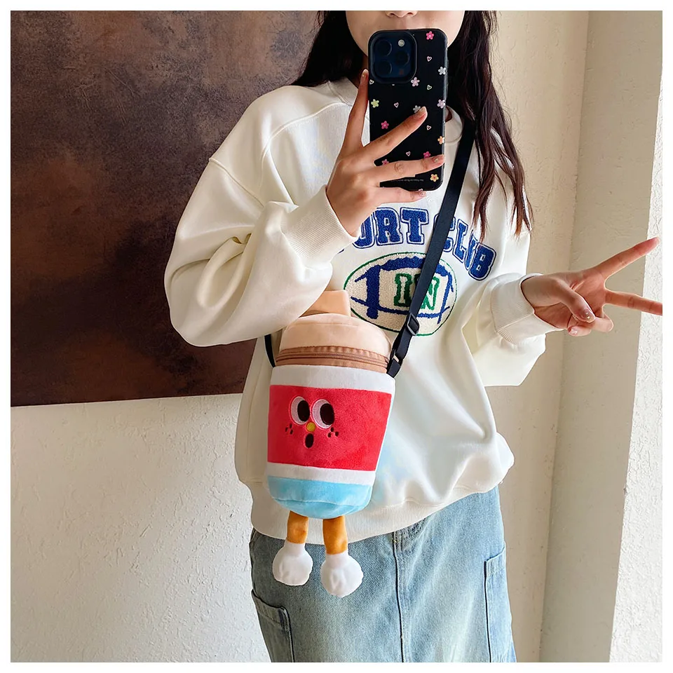 Kawaii Plush Toys Cola French Fries Hamburgers Mini Cross Bag Women Cute Zipper Shoulder Cartoon Handle Bags Womens Purse Wallet