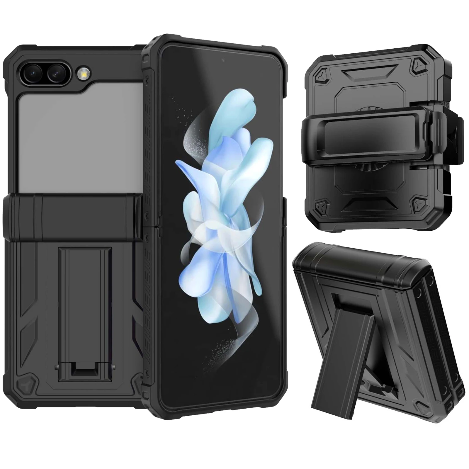 For Samsung Galaxy Z Flip 5 Case With Glass Screen Protector, Shockproof Heavy Duty Kickstand Cover, 360° Revolve Belt Clip