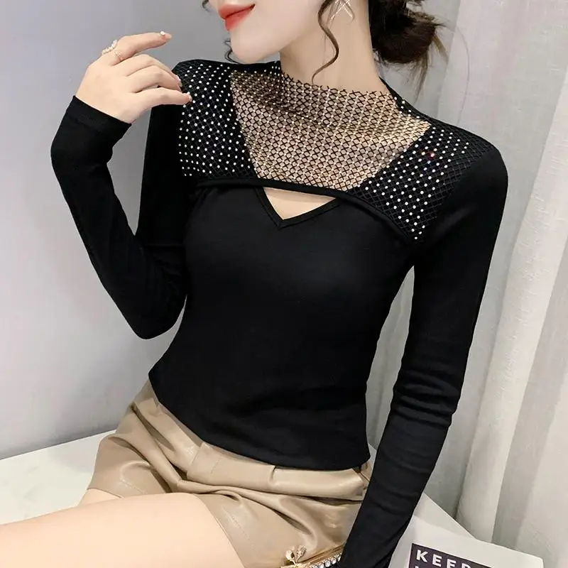 Hollow Out Spring Autumn Long Sleeve T-Shirts Fashion Net Yarn Patchwork Top Tee Office Lady Slim Interior Lapping Women Clothes