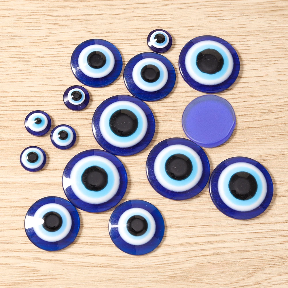 Tusember 8/10/14/20/25 mm blaue Evil-Eye-Harz-Cabochon-Perlen, lose Perlen mit flacher Rückseite, Anhänger für Halsketten, Armbänder, Schmuckherstellung – Detail 5