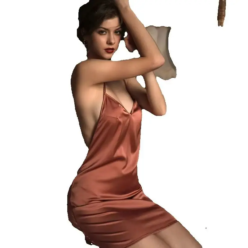 Sexy Pajamas Night Dress Women Sleepwear Deep V Suspender Nightdress Beauty Back Simulation Silk Nightgowns Thin Home Clothes