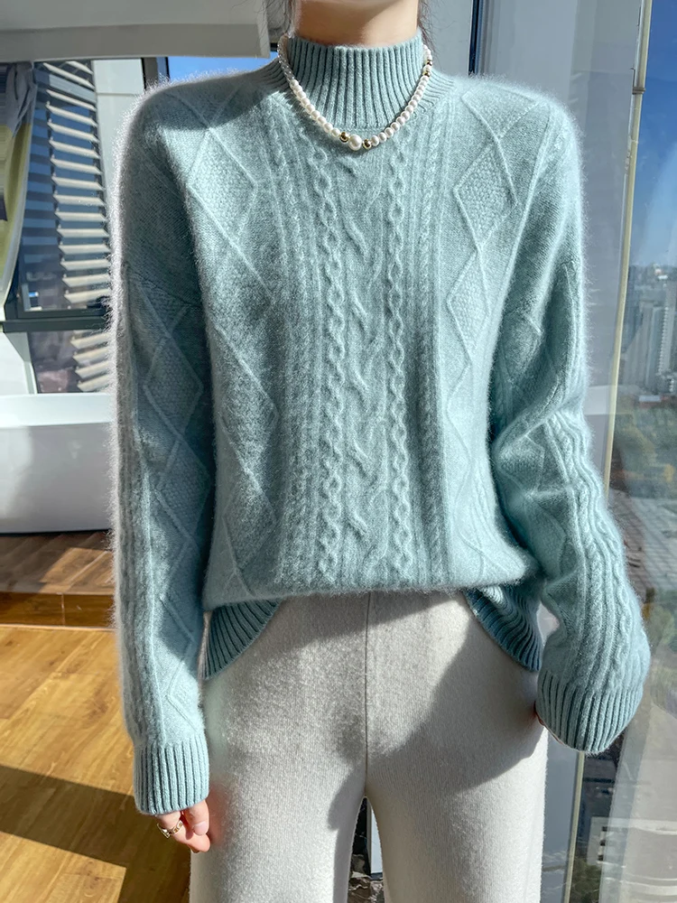 New Fashion Women Twist Argyle Pullover Sweater 100% Merino Wool Mock Neck Thick Warm Autumn Winter Cashmere Knitwear Korean Top