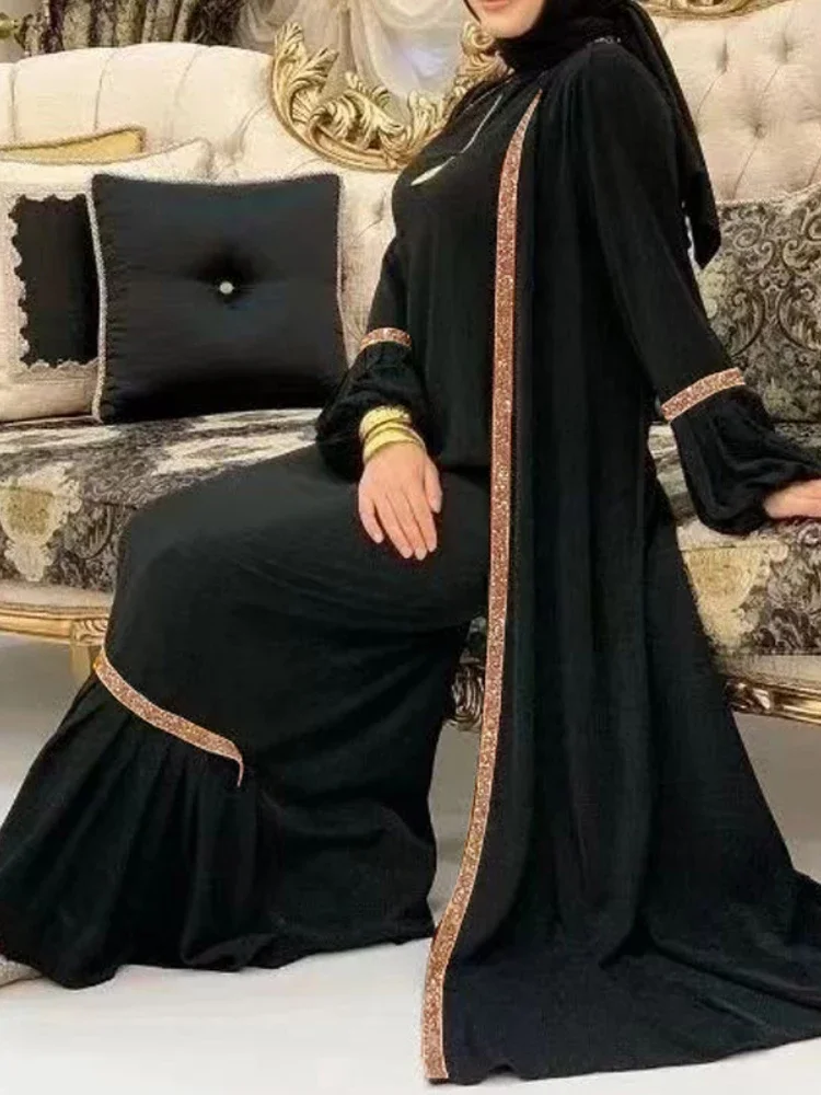 Eid Muslim Abaya Women Dress 2 Piece Set Prayer Morocco Caftan Ruffle Abayas Gowns Dubai Arabic Kimono Cardigan Robe Outwear