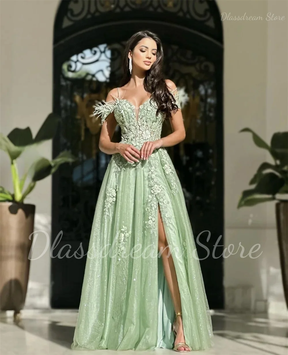 Custom Flash Green Prom Dress Luxurious Feather Applique Sexy A-shaped Side Slit Evening Dresses Graduate Party Dresses Vestidos