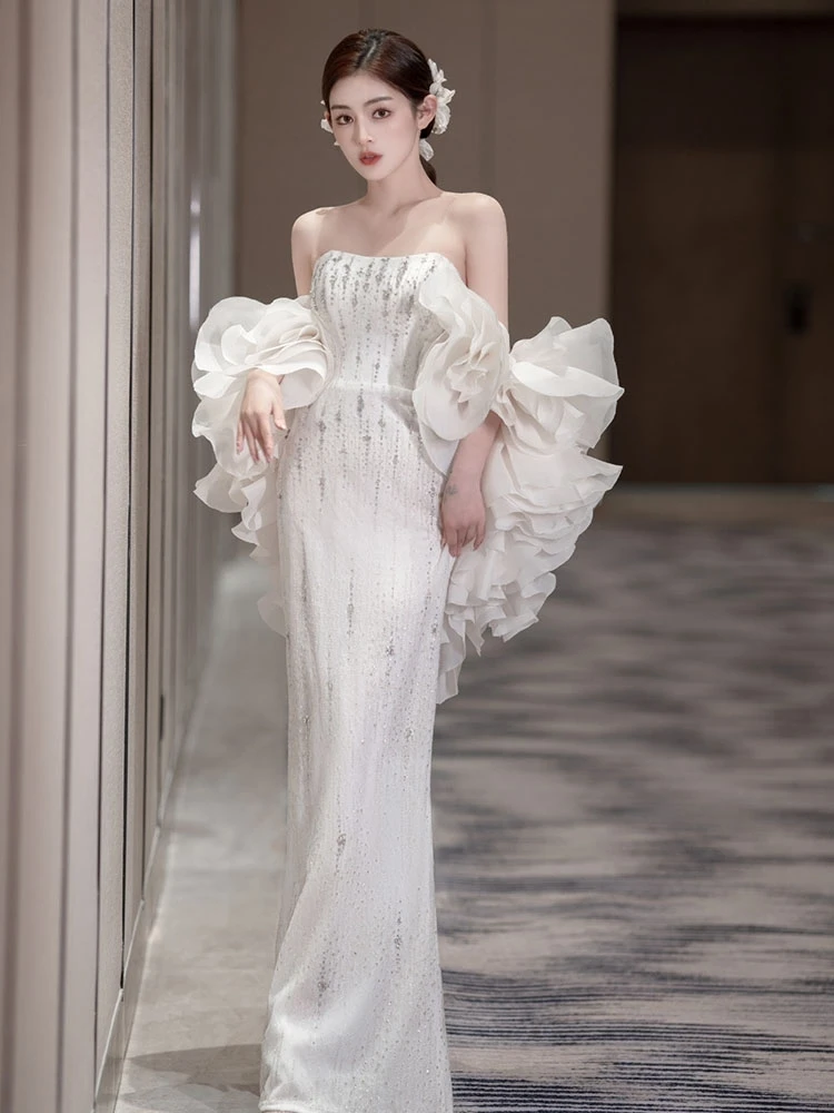 Off White Luxury Prom Dress Wedding Strapless Ruffle Cape Shawl Applique Mermaid Formal Evening Cocktail Toast Party Gowns