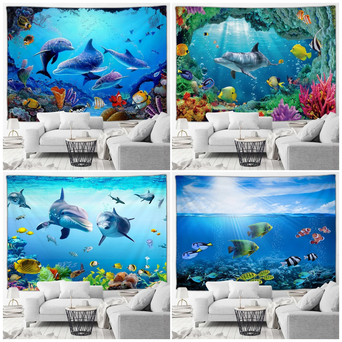 Ocean Dolphin Tapestry Tropical Fish Coral Underwater Caves Nature Landscape Wall Hanging Home Living Room Sofa Decor Tapestries