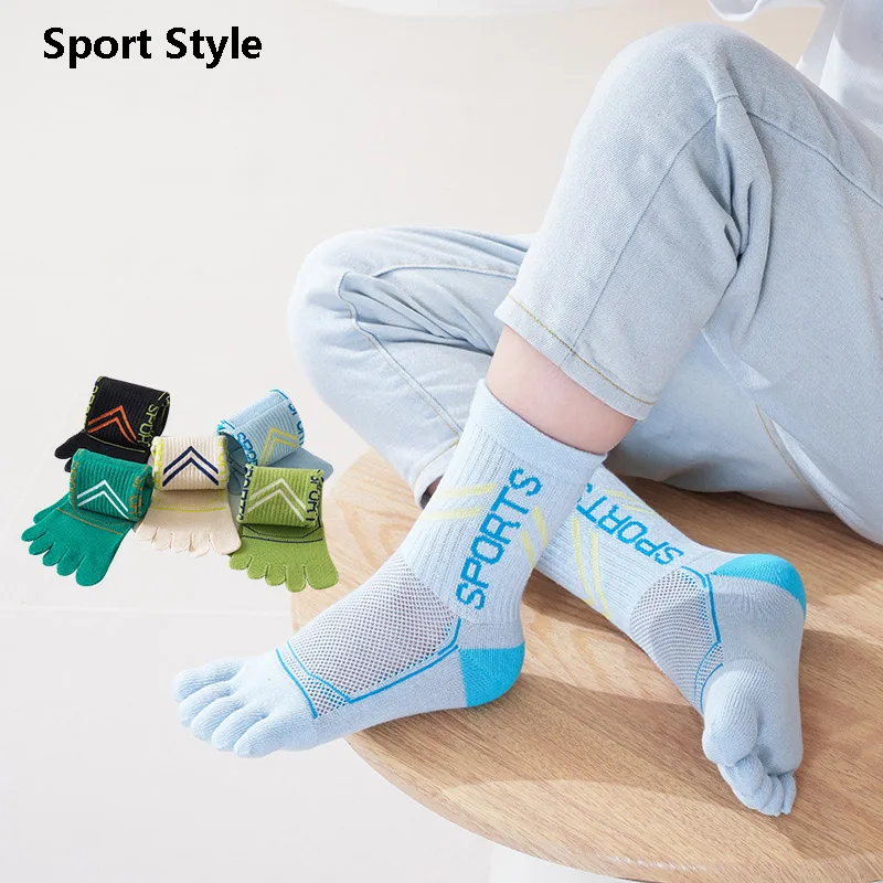 5 Pairs Children Fashion Sport Socks with Toes Summer Mesh Pure Cotton Sweat-absorbent Breathable Big Boys Split Toe Sport Socks