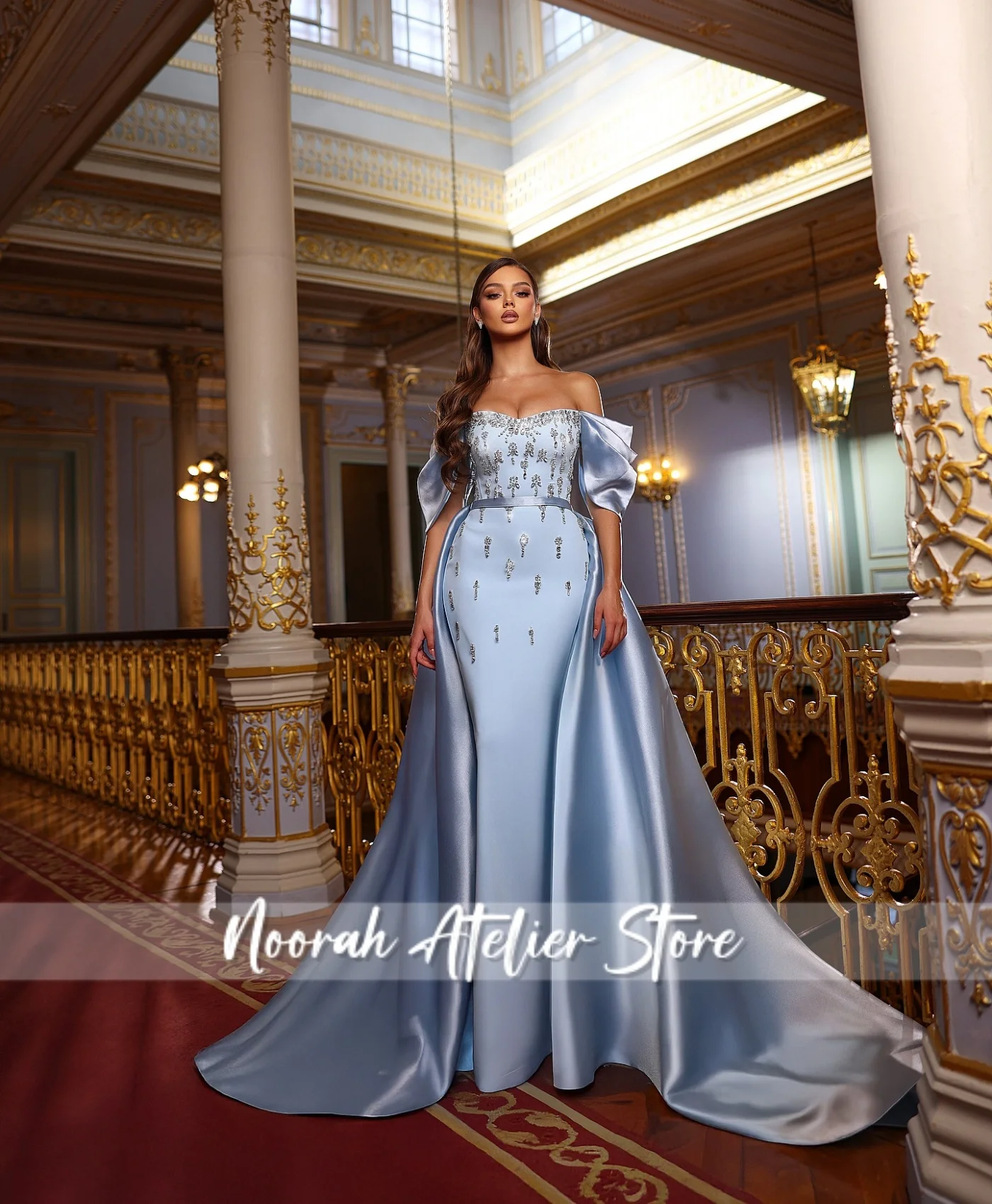 Blue Stain Beaded Off Shoulder Luxury women Evening Dresses 2025 Women Dubai Train Celebrity Party Gown Prom Dress Customized