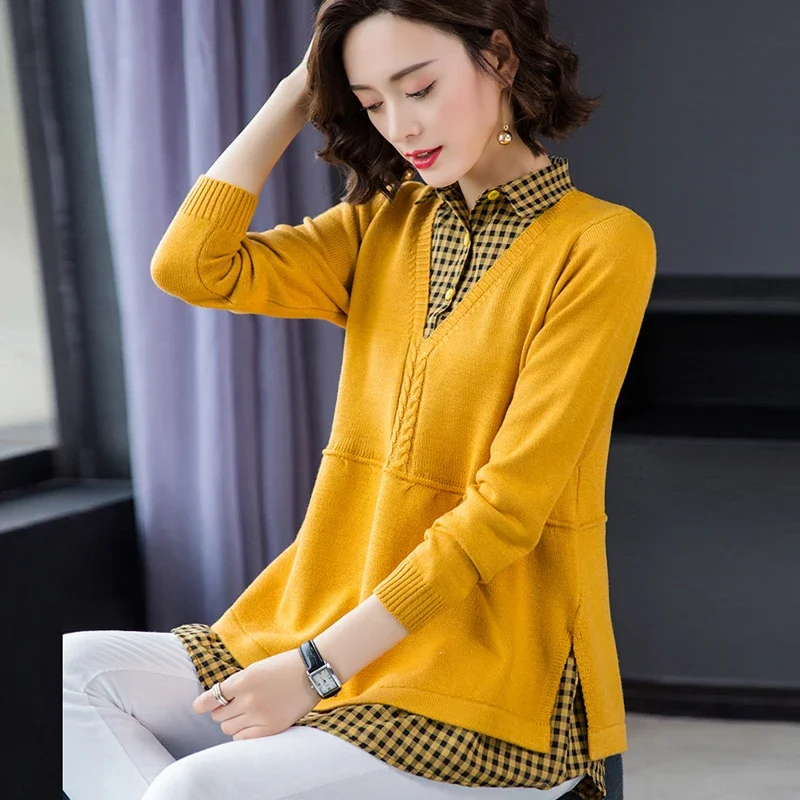 Lapel Patchwork Knit Tops Casual Loose Spring Fall Sweater Women New Knitwear Jumper  Fake 2 Pieces Long Sleeve Pullovers B289