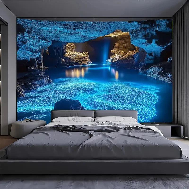 Große blaue Höhlenlandschaft Wandteppich - Wohnzimmer, Schlafzimmer, Büro Live-Streaming Hintergrunddekoration Polyester Wandbehang