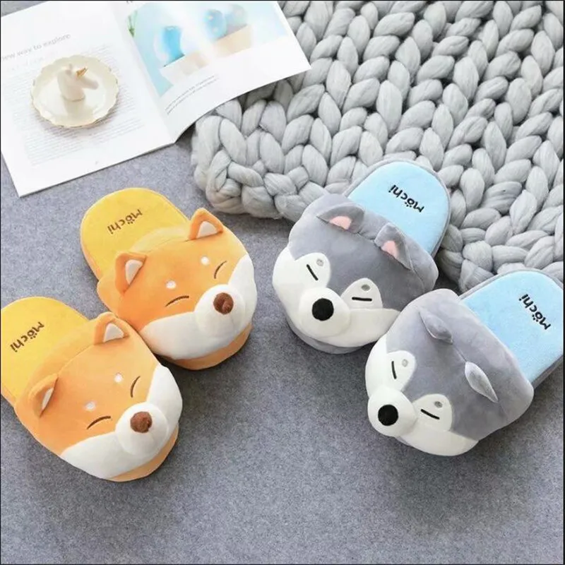 Cute Shiba Inu Cute Husky Cartoon Cotton Slippers Female Autumn And Winter Household Warm Indoor Non-Slip Shoes Couple Slides