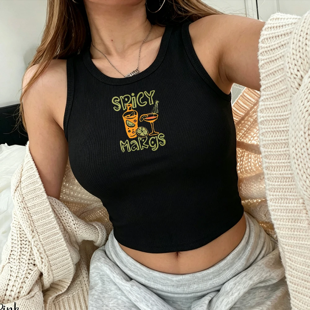 Women Ribbed Tank Top Camisole Crop Y2K Top Spicy Margs Margarita Cocktail Bottle Lime Hand Drawn Print Sleeveless Slim Fit Crop