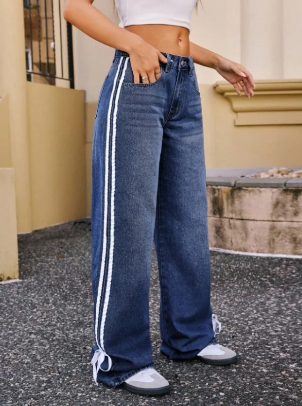 الجينز بنطال ذو قصة أرجل واسعة النساء السراويل خمر غسلها الدينيم المتعثرة تمتد مخطط الدانتيل يصل الشارع الشهير الإناث طول الأرض