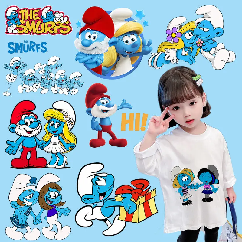 T-Smurfes Clothes Ironing Patche Cartoon Blue Elves Heat Transfer Sticker Fashion T-shirt DIY Decoration Applique Birthday Gift