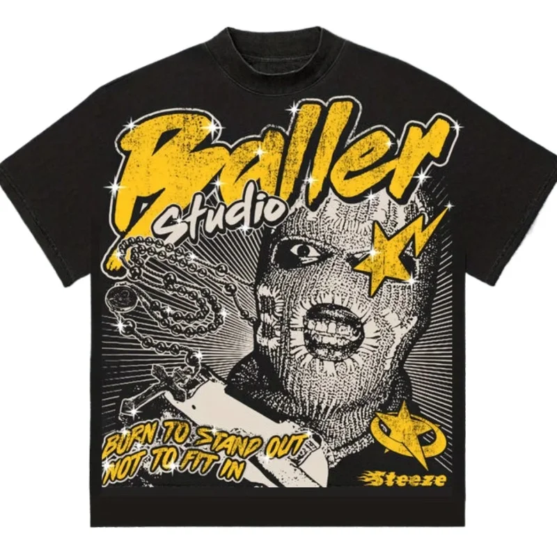 تي شيرت قناع جرافيك للرجال والنساء من القطن لثقافة الشارع، طباعة هندسية جريئة، مقاس عادي، بأكمام قصيرة ورقبة دائرية، تي شيرت كاجوال #1