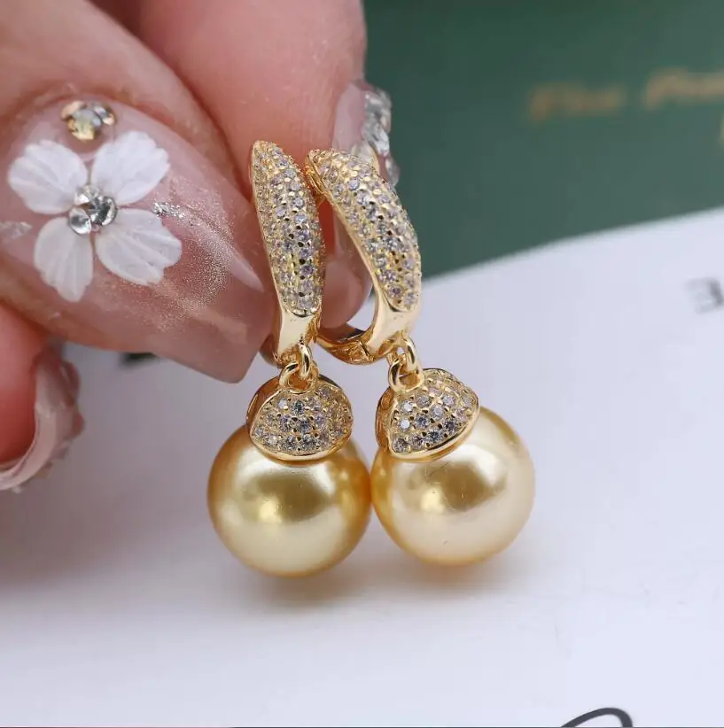 stunning 10-11mm south sea gold round pearl dangle earring 925s
