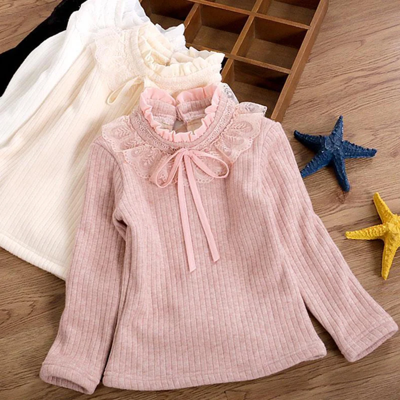 Autumn Winter Sweet Fashion Harajuku Girls Knitting Tops All Match Kawaii Casual Undershirt Cute Solid Long Sleeved Kids Sweater