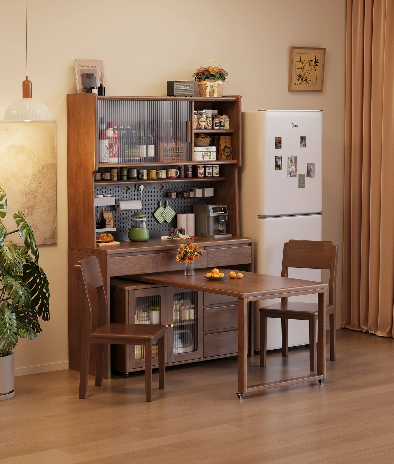

@￥Solid Wood Tall Sideboard Buffet Cabinet with Glass Doors, Pegboard Organizer & Drawers Freestanding Kitchen Pantry Storage