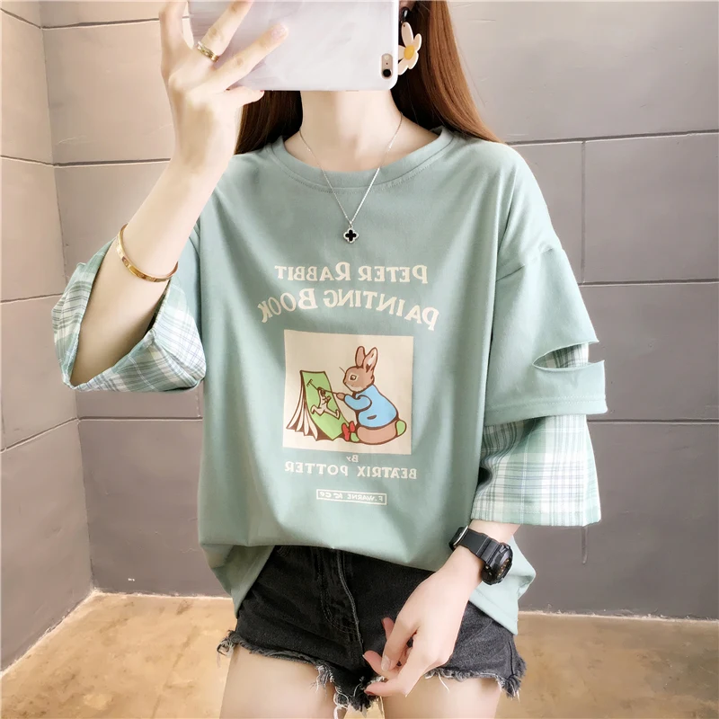 College Style Patchwork Plaid Sleeves Holes Fake Two Summer Girl T Shirt Print Harajuku Painting Squirrel Cute Tees Tops Female