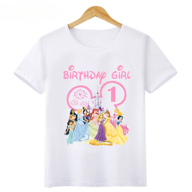 2024 New Disney Princess Graphic Birthday Girl Kids T Shirt Age 1 2 3 4 5 6 7 8 9 Years Girls Clothes Party Kawaii Baby T-Shirts