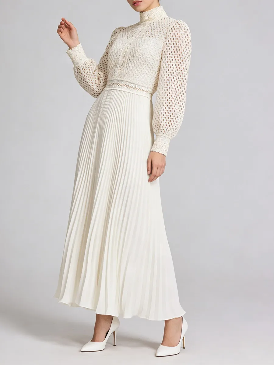 TWOTWINSTYLE Solid Hollow Out Spliced Embroidery Elegant Dresses for Women High Neck Long Sleeves Tunic Casual Dress Female New