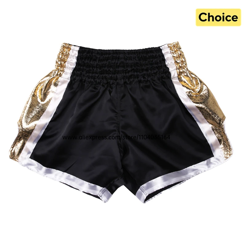 Muay Thai Shorts Gold Panel Satin Plain Boxing Shorts Men Women Kids Kickboxing MMA Sparring Martial Arts Training Sport Shorts