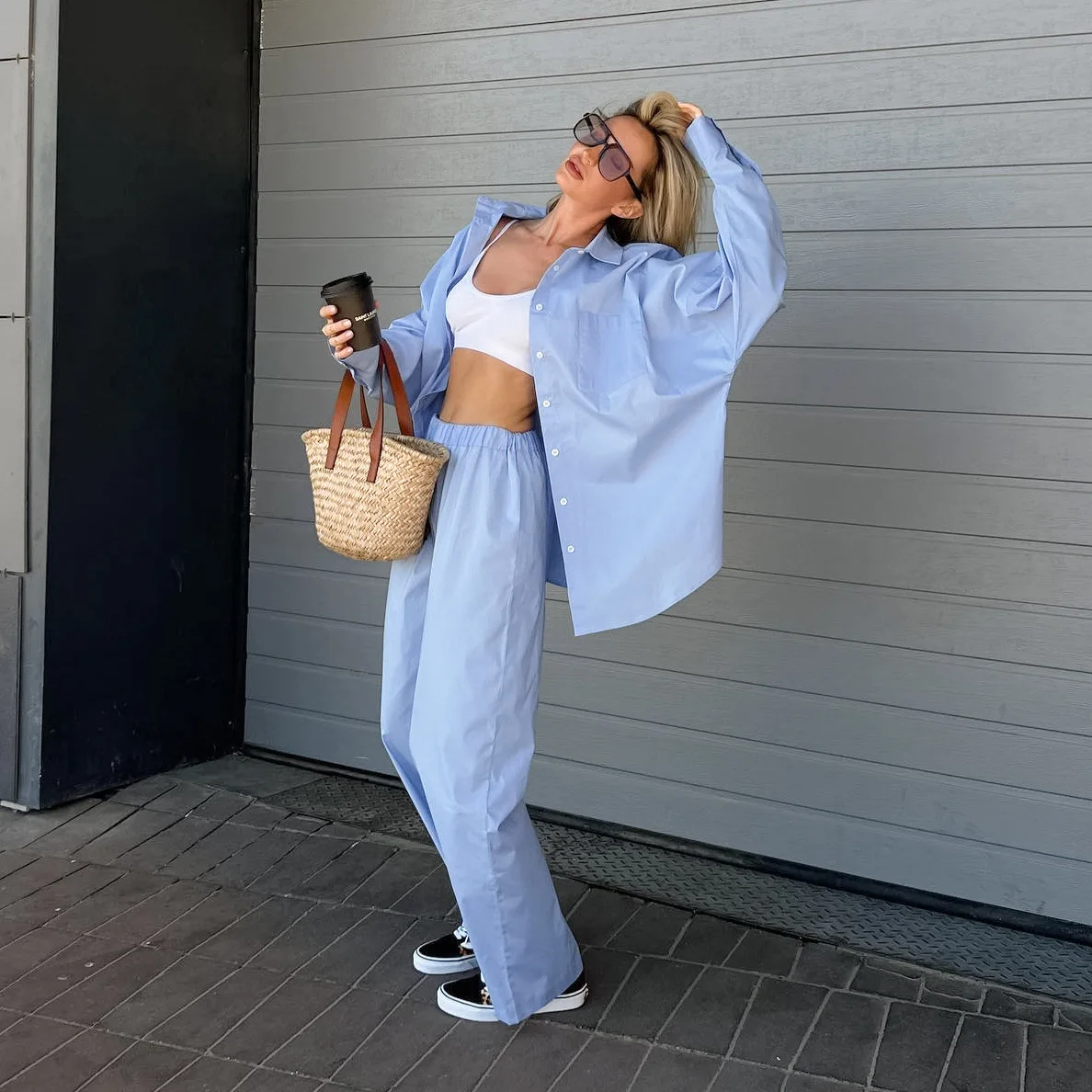 Casual Loose Oversized Two Piece Set for Women Elegant Trouser Suit Women with Pants Blue Wide Leg Pants Long Sleeve Shirts Set