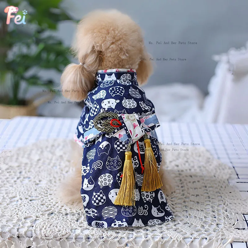 

Light Blue Handmade Pet Kimono, Traditional Japanese Costume for Small Dogs and Cats, Custom Elegant Apparel with Embroidery