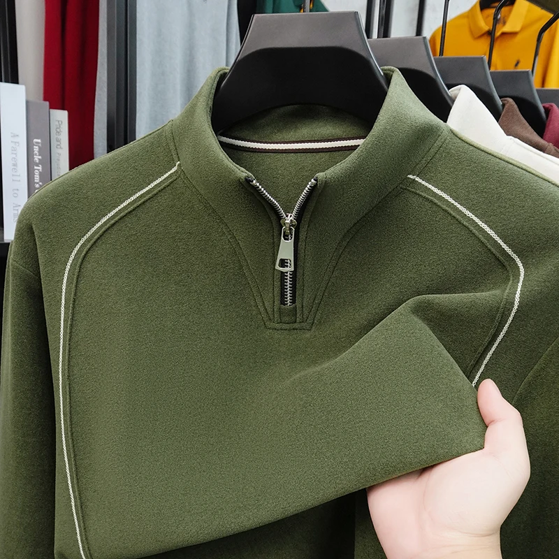 

Men's Long Sleeved Stand Up Collar Half Zip Hoodie, Thickened German Velvet Casual Warm Bottom Shirt, Top