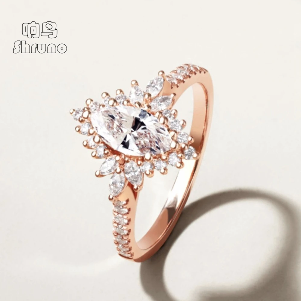 Shruno Solid 14K Rose Gold Marquise Cut Moissanite Engagement Ring For Women Bridal Wedding Fine Jewelry Gift Customized Ring