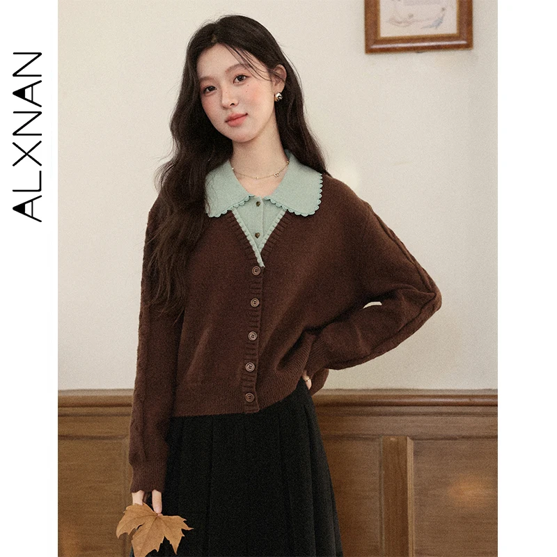 

ALXNAN коричневый искусственный двухсекционный свитер с воротником-поло, осень 2023, новые пуловеры с длинными рукавами, офисный женский топ свободного покроя, женский L57868