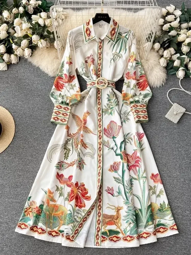 

2024 New Fashion Bohemain Holiday Dress Women's Long Lantern Sleeve Single Breasted Flower Birds Print Belt Robe Maxi Vestido