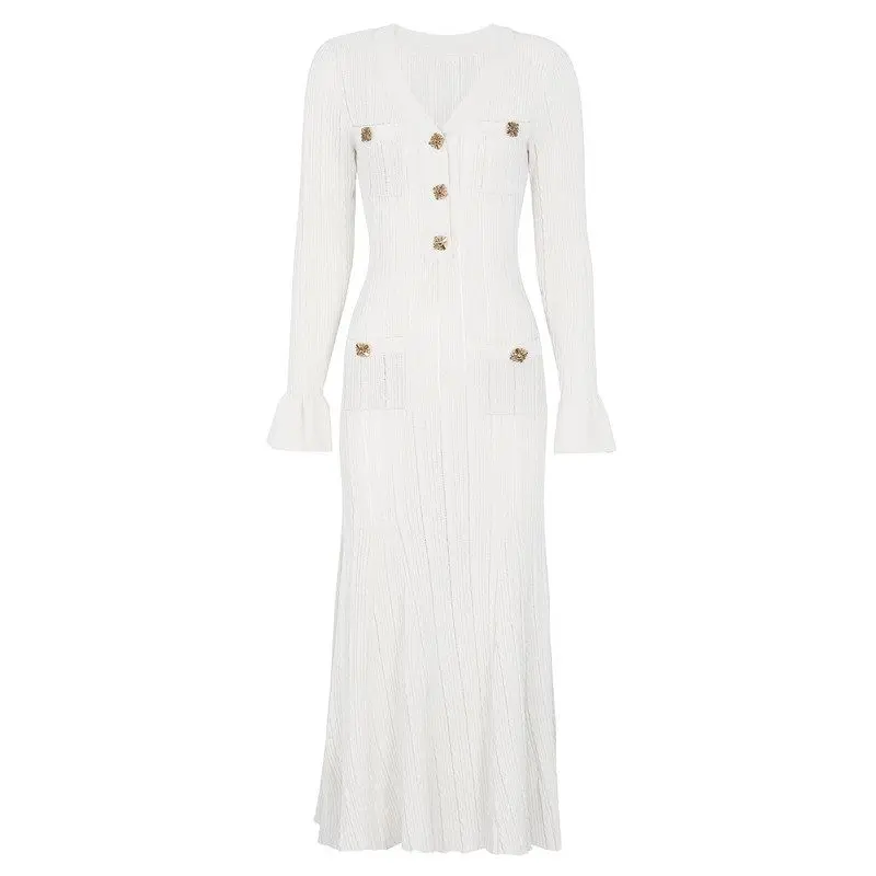 

High Quality Fashionable Knitted Slimming Midi Dress Elegant Swing Skirt Long Sleeve V Neck City Walk Single Button Closure