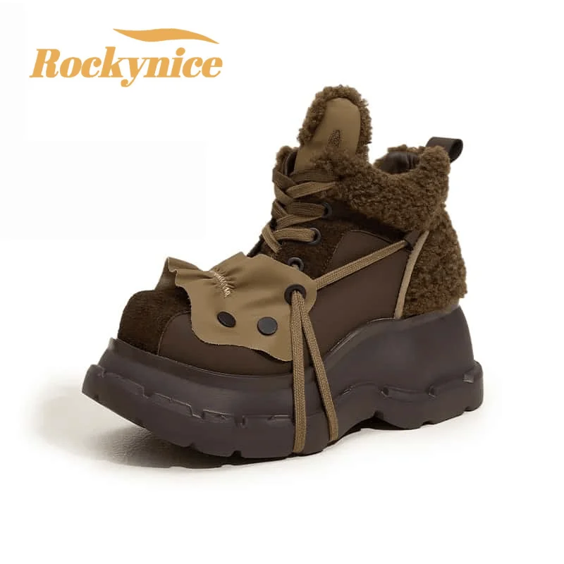 Women Snow Boots Genuine Leather Thick Bottom Cotton Shoes 2025 Platform Winter Lace-up Ankle Boots Warm Fur Booties Woman 9CM