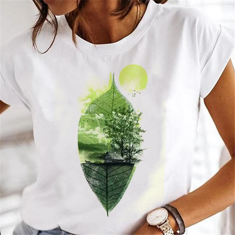 Women T-shirts Leaf Cute 90s 2024 Ladies Fashion Short Sleeve Cartoon Clothes O-neck Spring Summer Female Tee Graphic Tshirt Wom